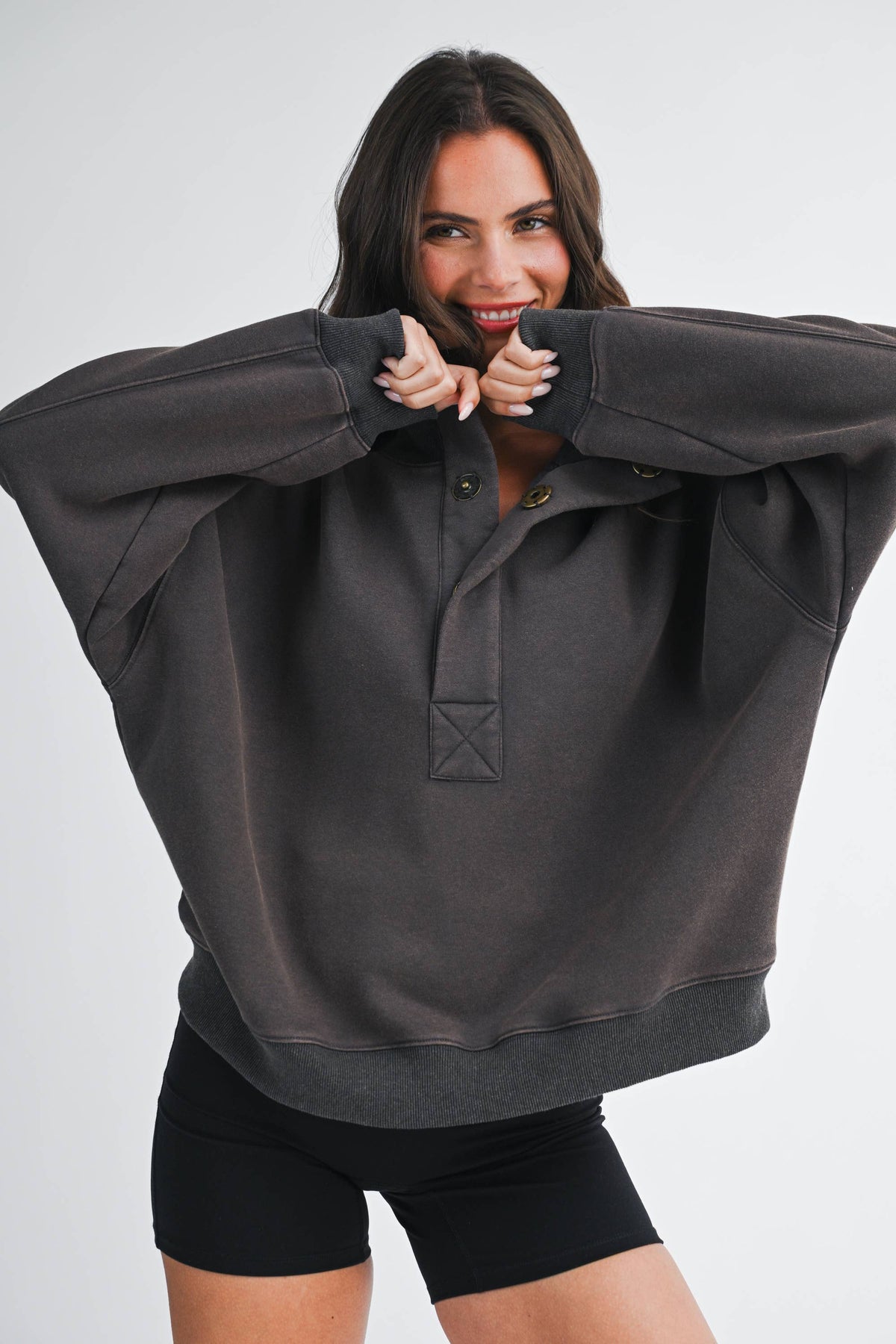 Oversized Snap Neck Pullover Sweatshirt