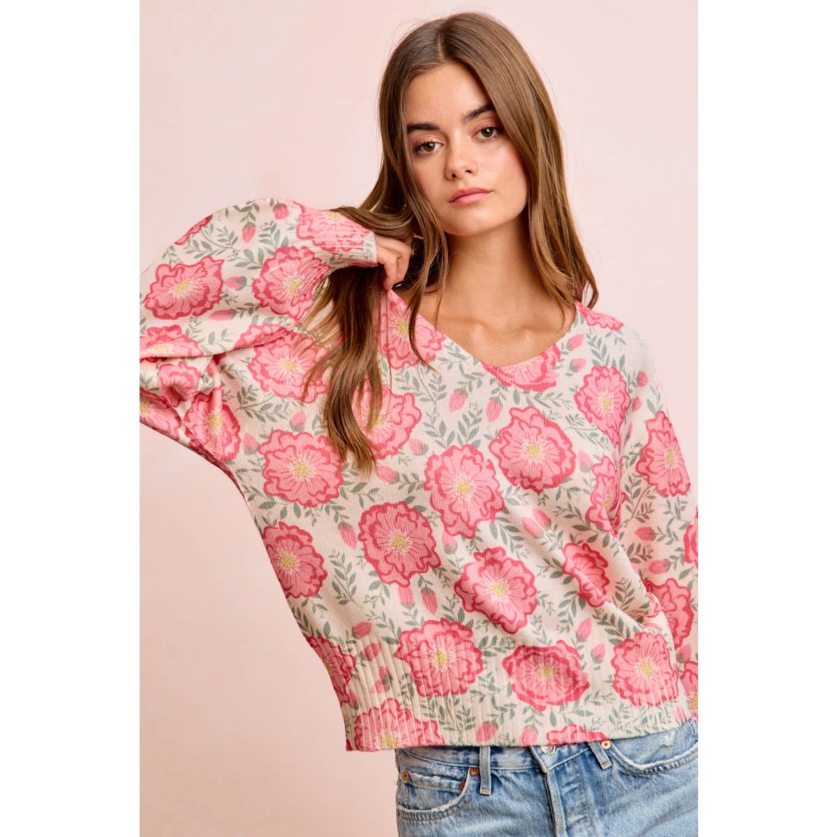 Flower Printed V-Neck Knit Top with Balloon Sleeves