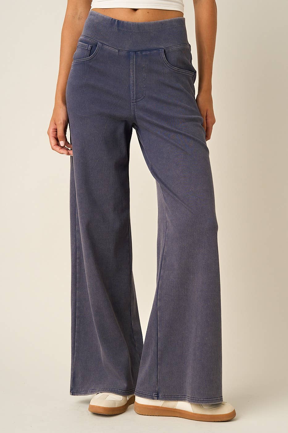 WASHED DENIM ELASTIC WAISTBAND WIDE LEG PANTS