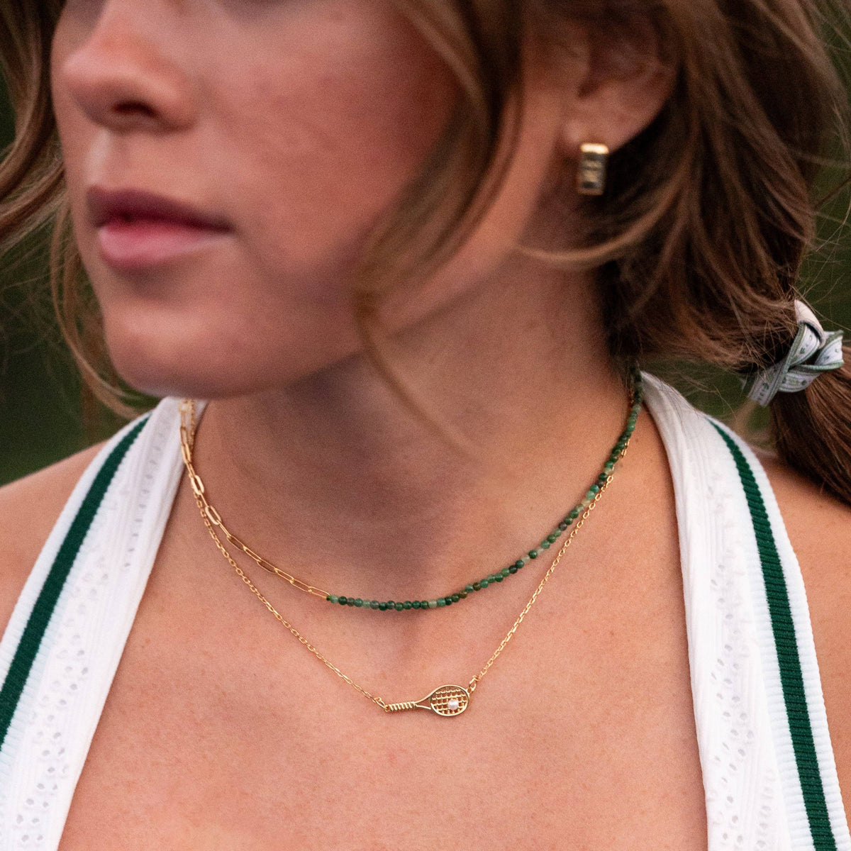 "Ace" Gold Tennis Racket with Green Beads Necklace Set