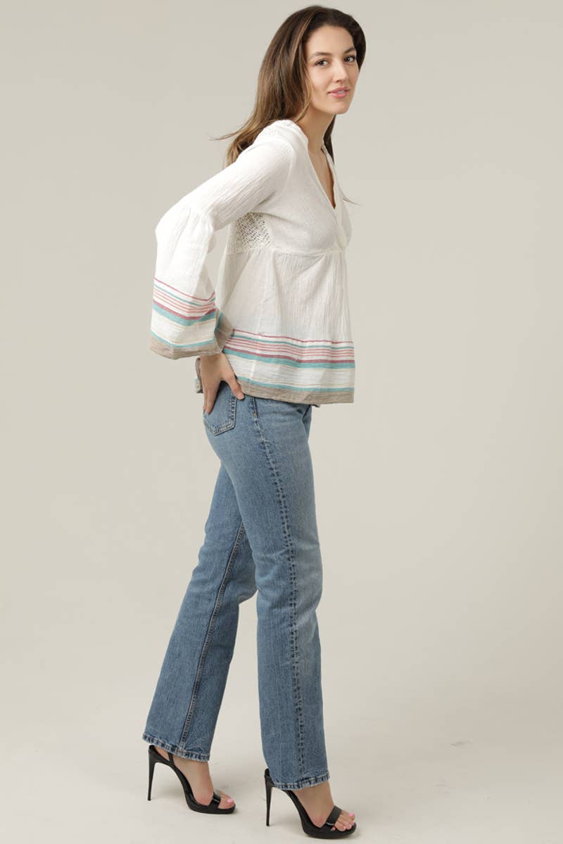 Lace Trim Lace Back V-Neck Flare Sleeve Stripe Top