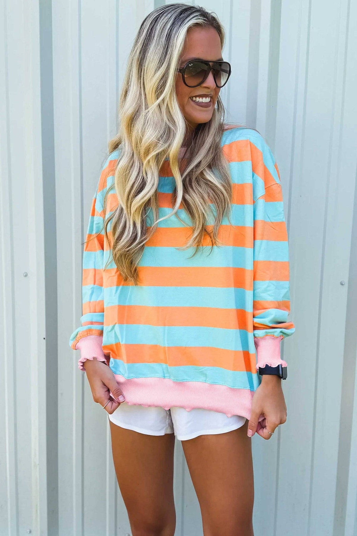 Orange Stripe Ribbed Color Block Trim Round Neck Long Sleeve Shift Top