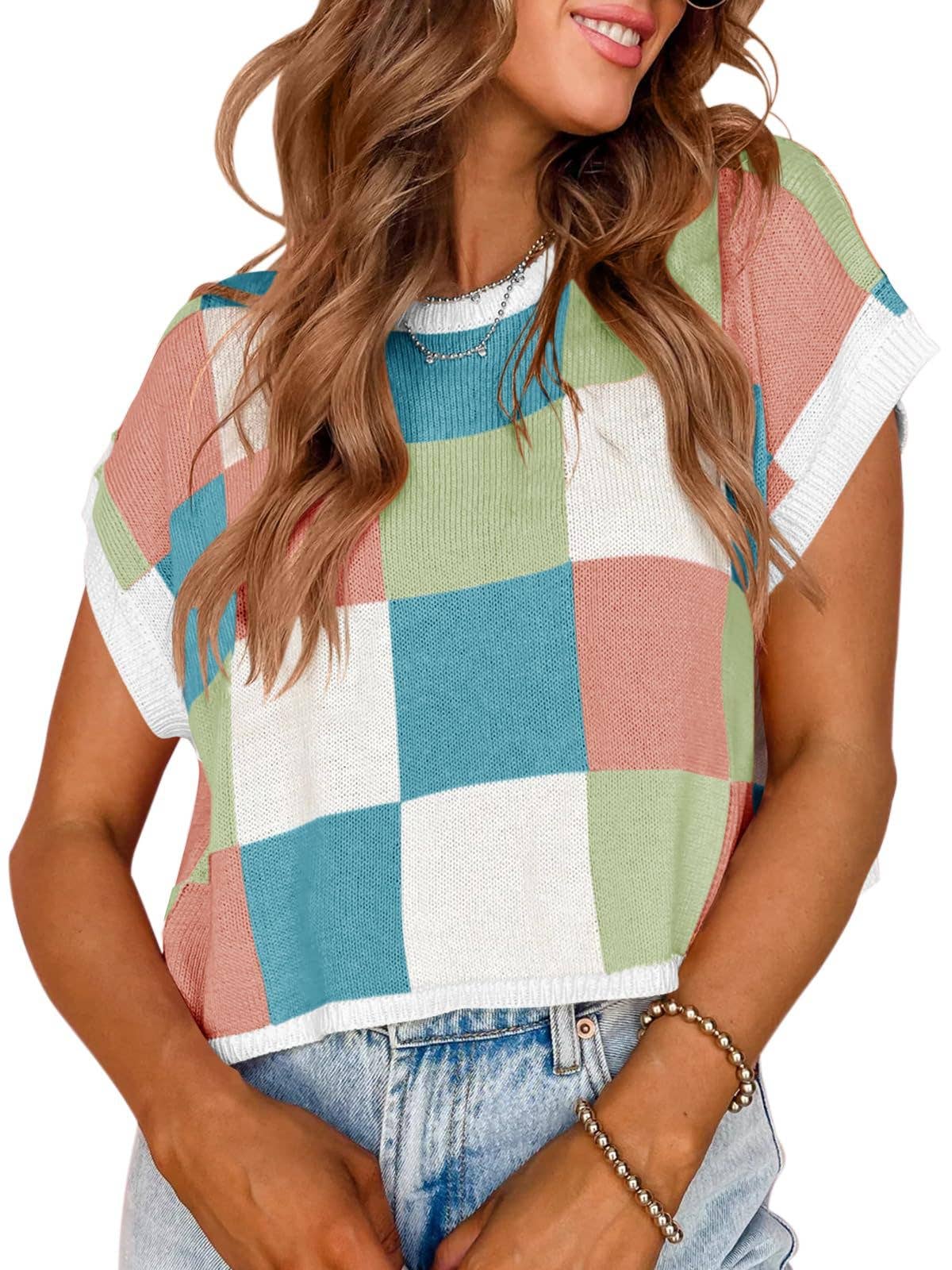 Summer Colored Checkerboard Knit Top