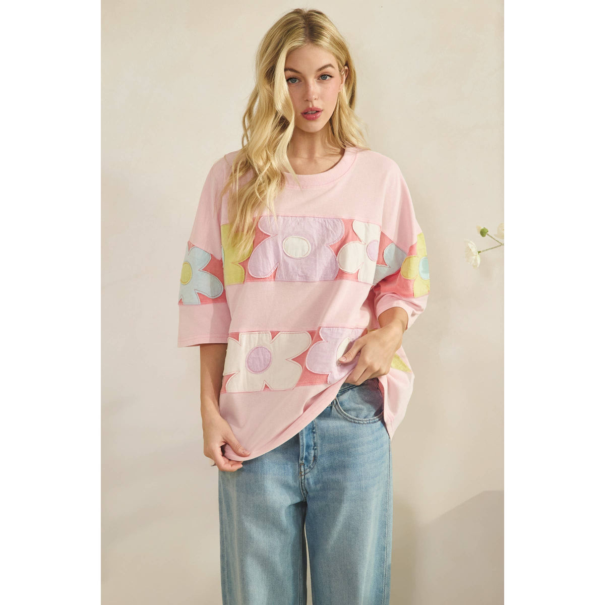 PASTEL FLORAL PATCHWORK OVERSIZED TEE (ST7836)