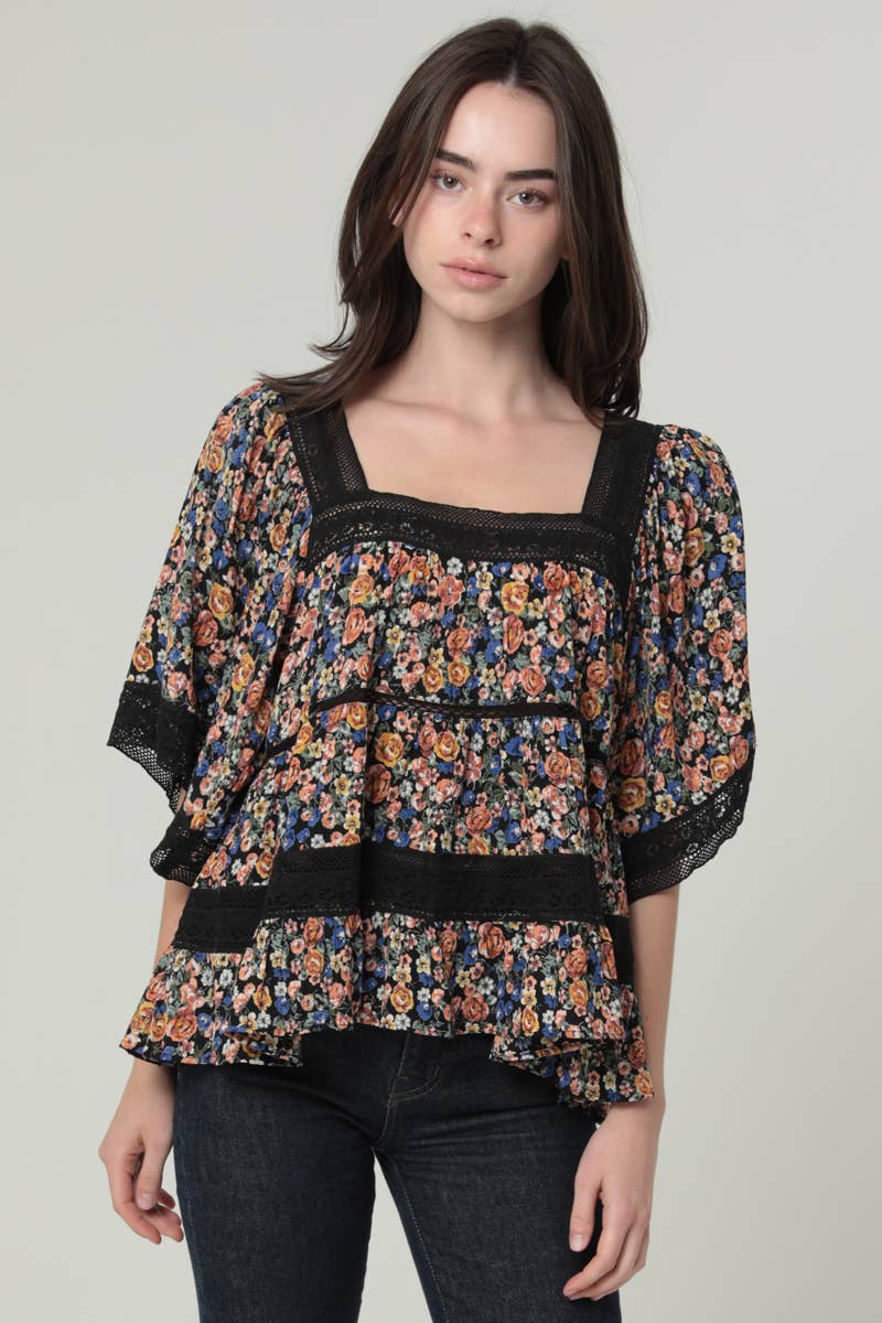 Lace Trim Square Neck Blouse