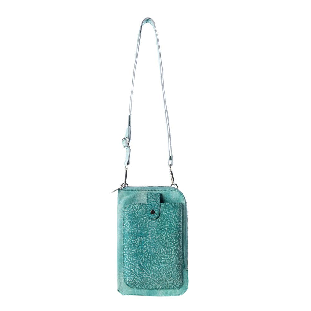 Coyote Bloom Embossed mini sling for Women in aqua with floral detail