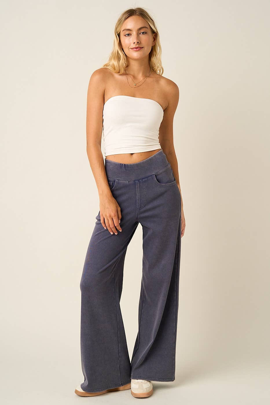 WASHED DENIM ELASTIC WAISTBAND WIDE LEG PANTS