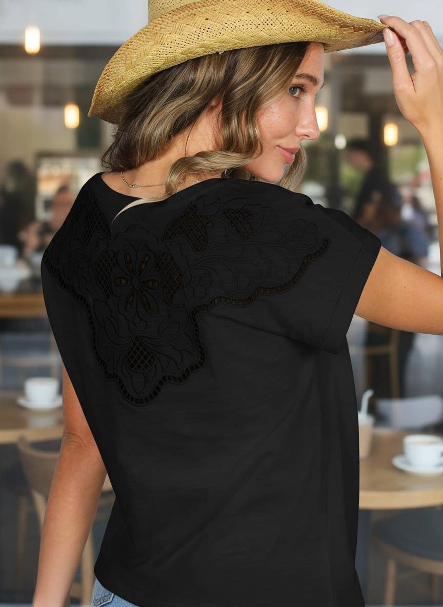 Intricate Embroidery Accent Back 100%Cotton Knit Top VT83005