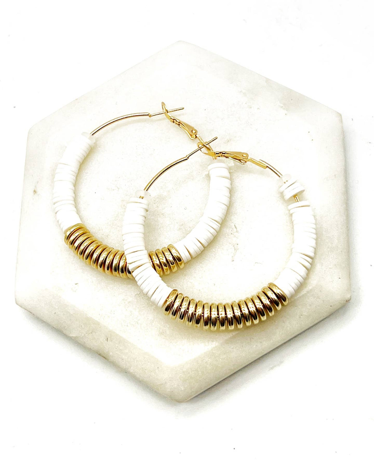 White Gold Heishi Hoop Earrings