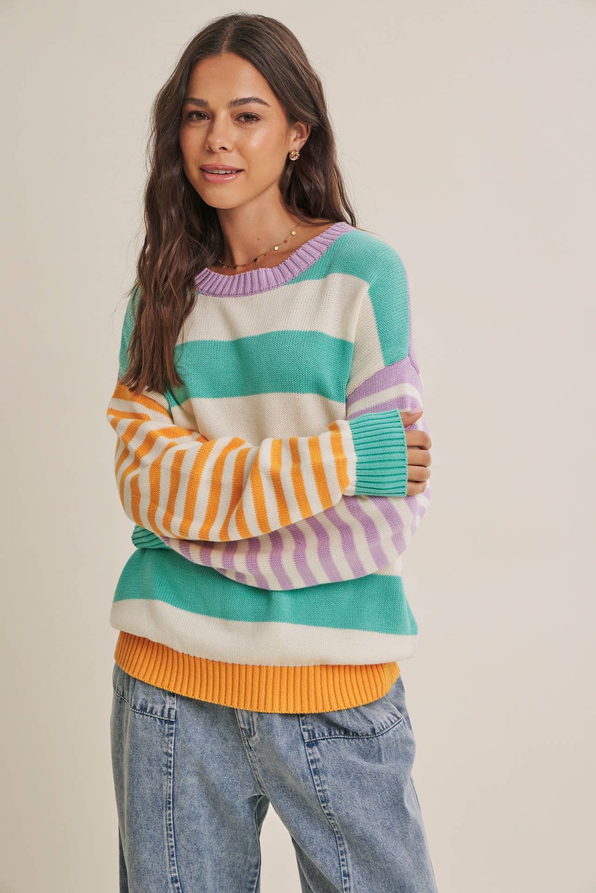 Bold Heritage-Inspired Color Block Cotton Sweater Top