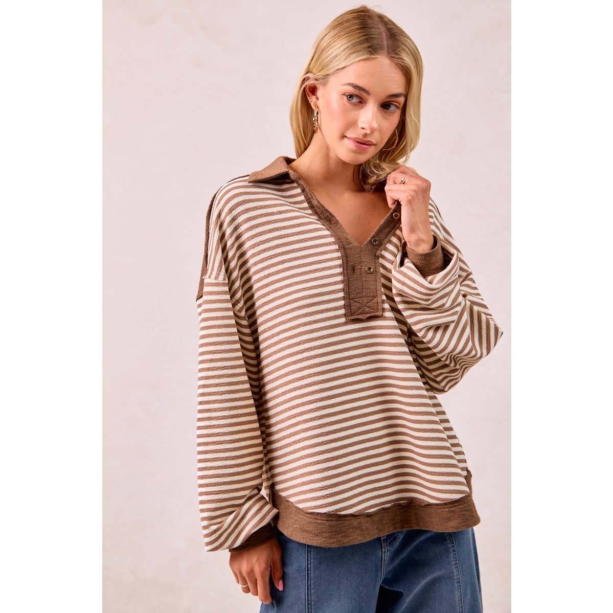 SLUB KNIT AND STRIPES MIX AND MATCH COLLARED TOP