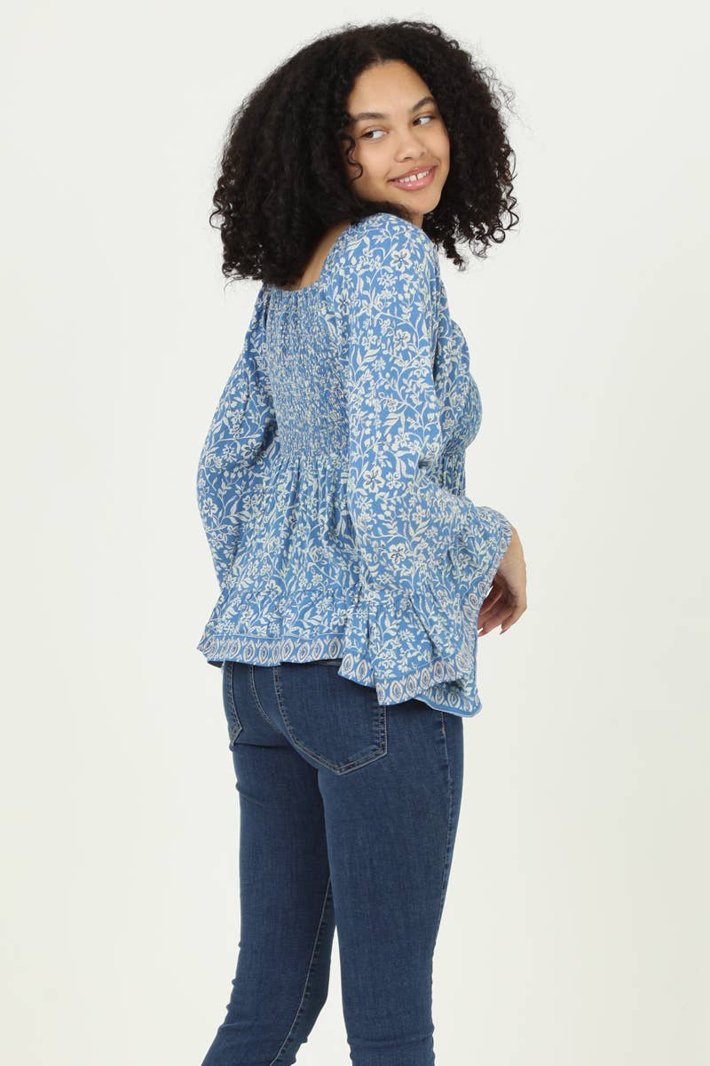 V-Neck Smocked Bust Wide Sleeve Blouse