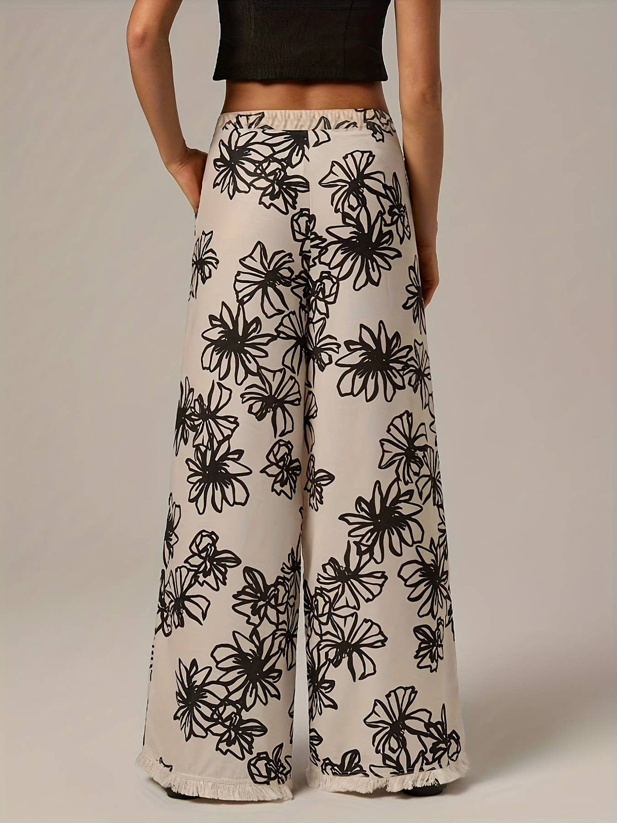 Plant Print Wide-Leg Pants with Frayed Hem