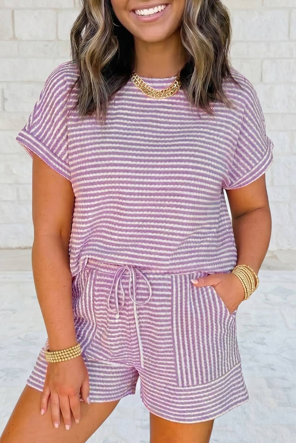 Striped Textured Knit Top & Short 2-Piece Set