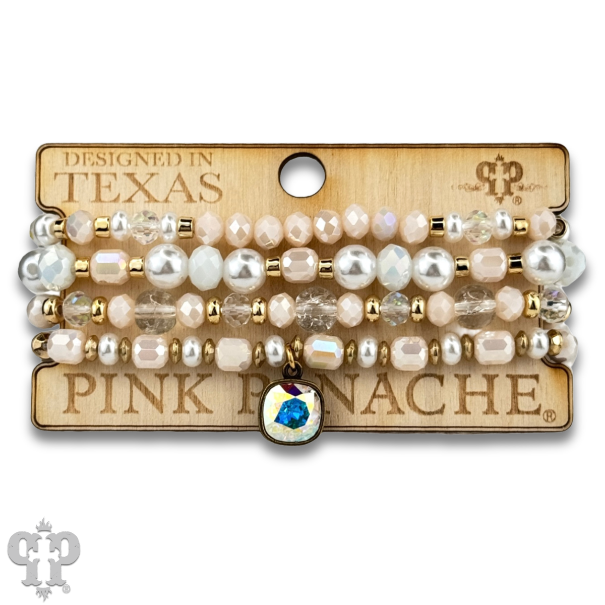 Pearl, glass and gold bead bracelet with Austrian crystal