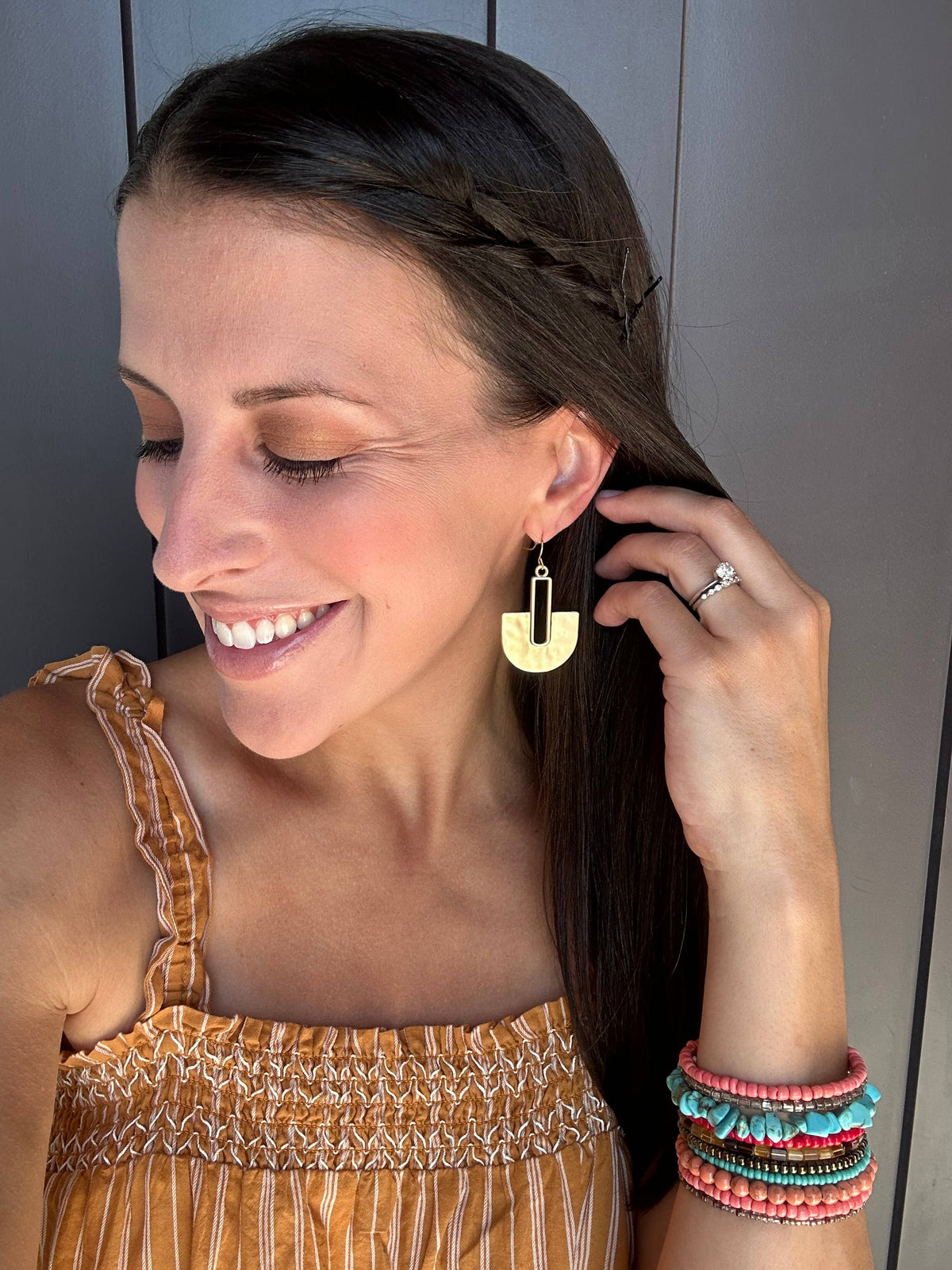 Gold Metal Fan Pendant Statement Earrings