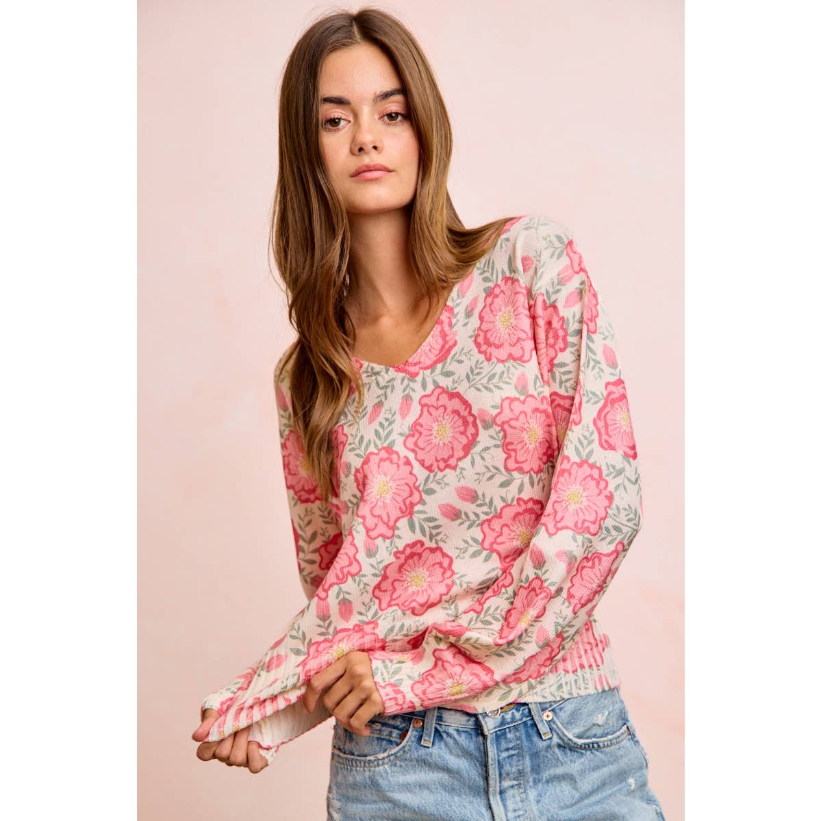 Flower Printed V-Neck Knit Top with Balloon Sleeves