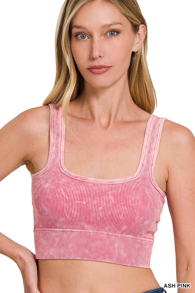 Square neck Washed Seamless Rib Bralette w/ Bra Pads