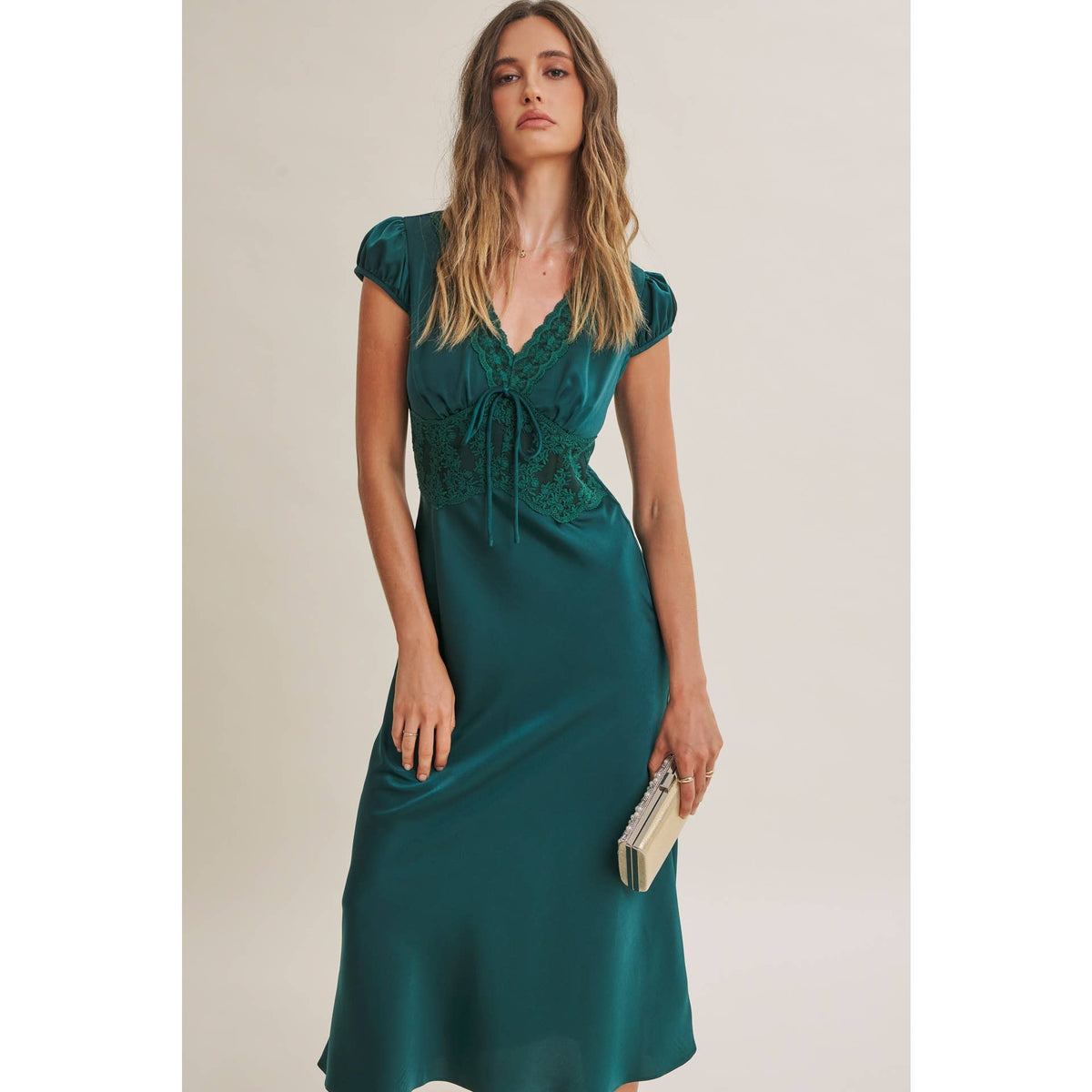 Graceful Drape Bias Cut Silky Satin Lace Midi Dress