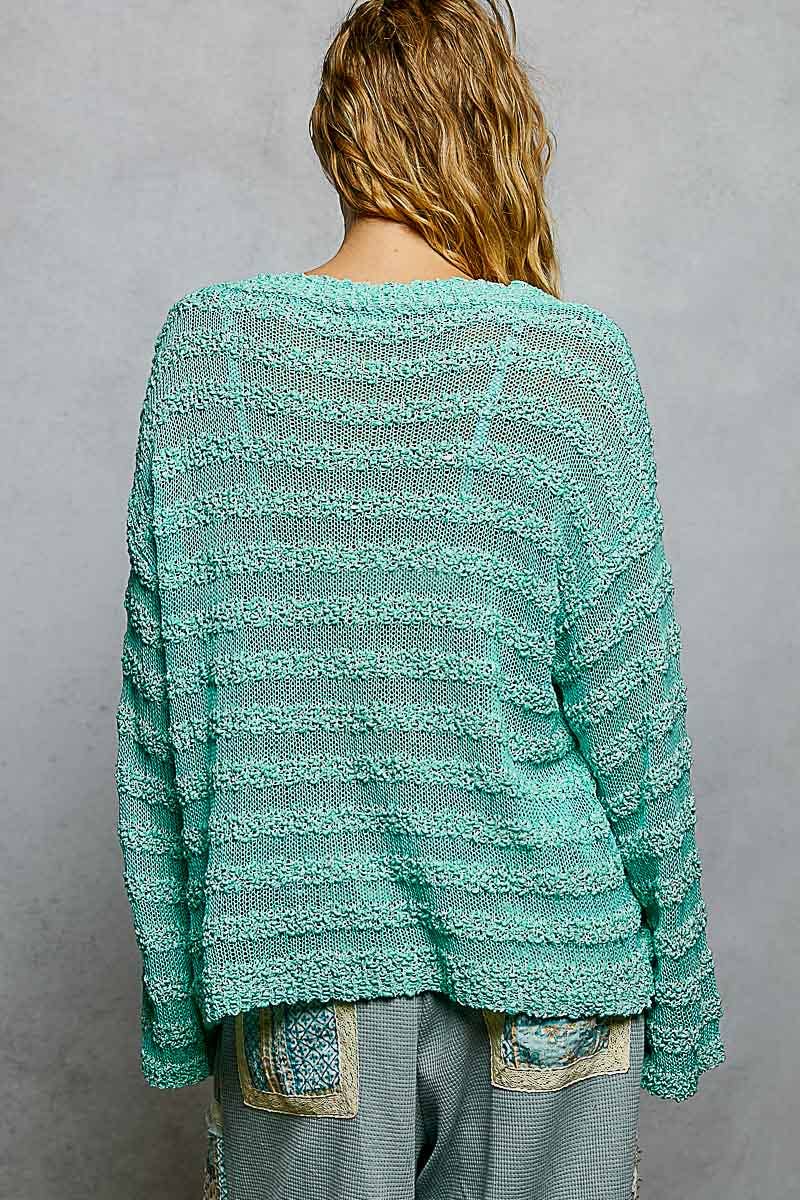 V Neck Long Sleeve Striped Knit Acrylic Thin Sweater