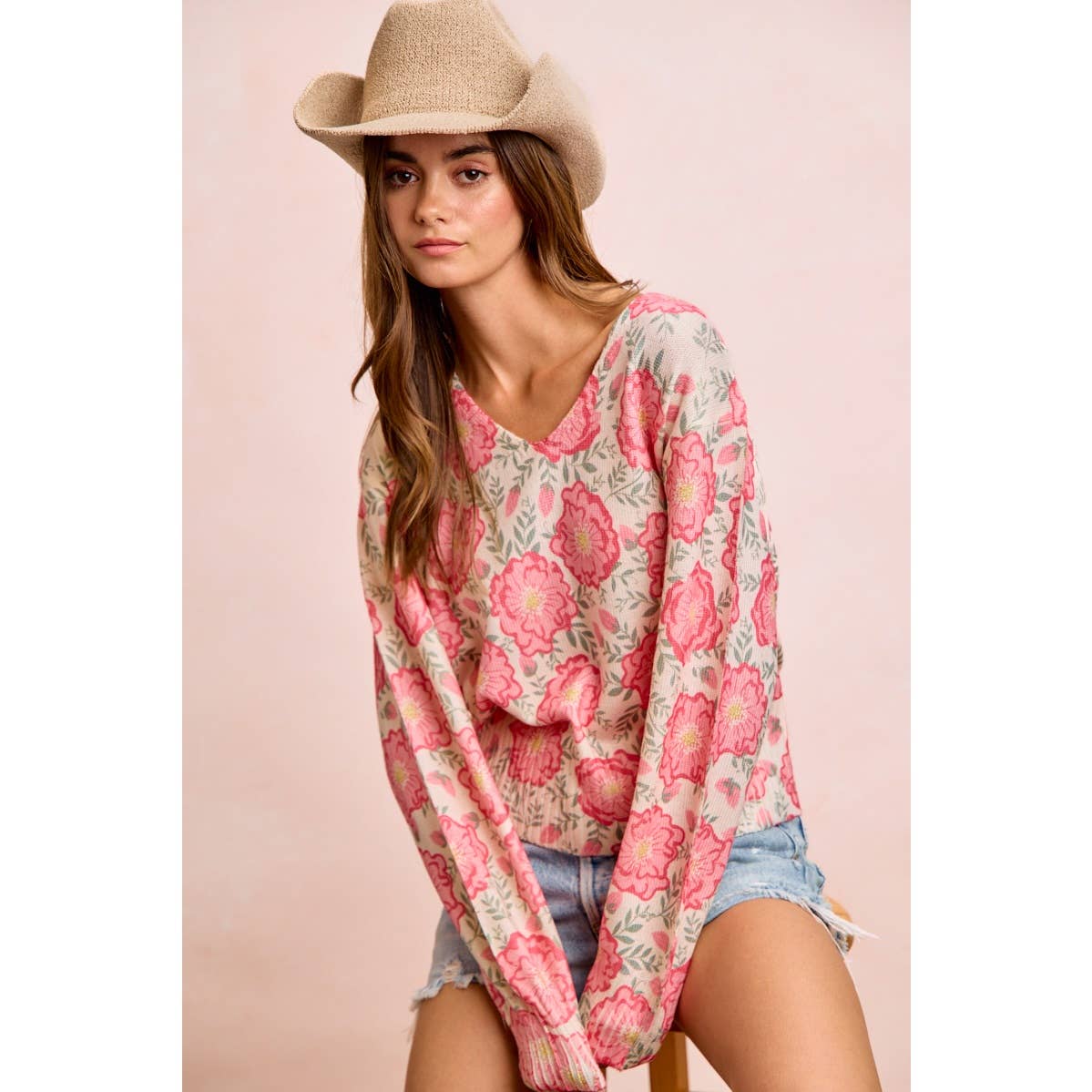 Flower Printed V-Neck Knit Top with Balloon Sleeves