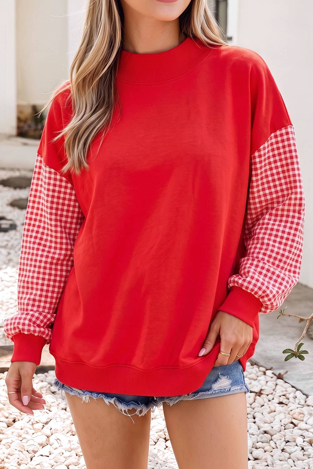 Red Plaid Sleeve Colorblock Tunic Sweatshirt