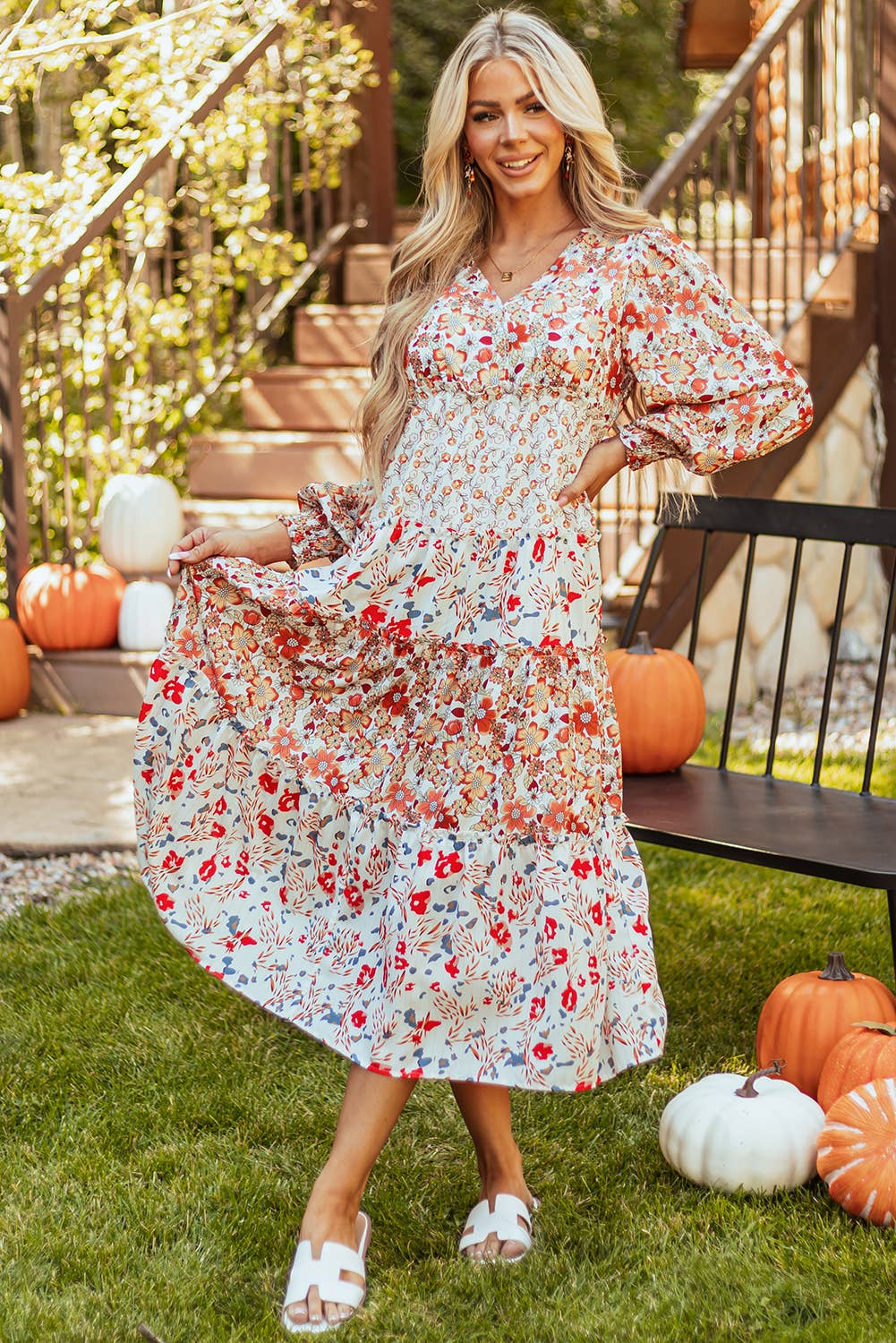 Floral Print Ruffled Tiered Long Sleeve Midi Dress