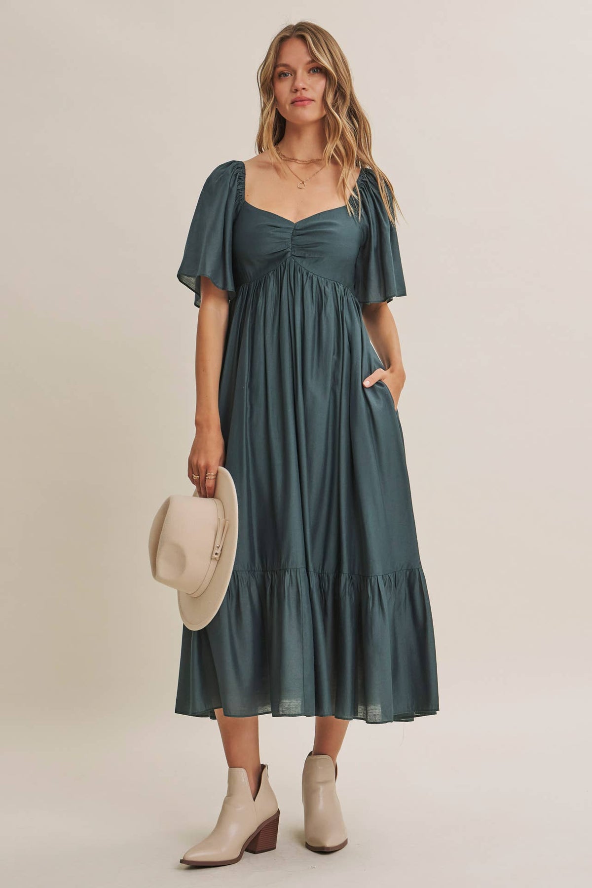 WHISPERING WILLOW FLATTERING SWEETHEART SMOCKED MIDI DRESS