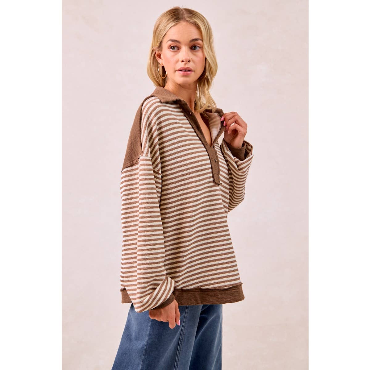 SLUB KNIT AND STRIPES MIX AND MATCH COLLARED TOP