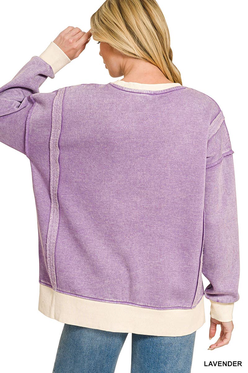 Fleece Acid Washed Contrast Trim Oversized Pullover