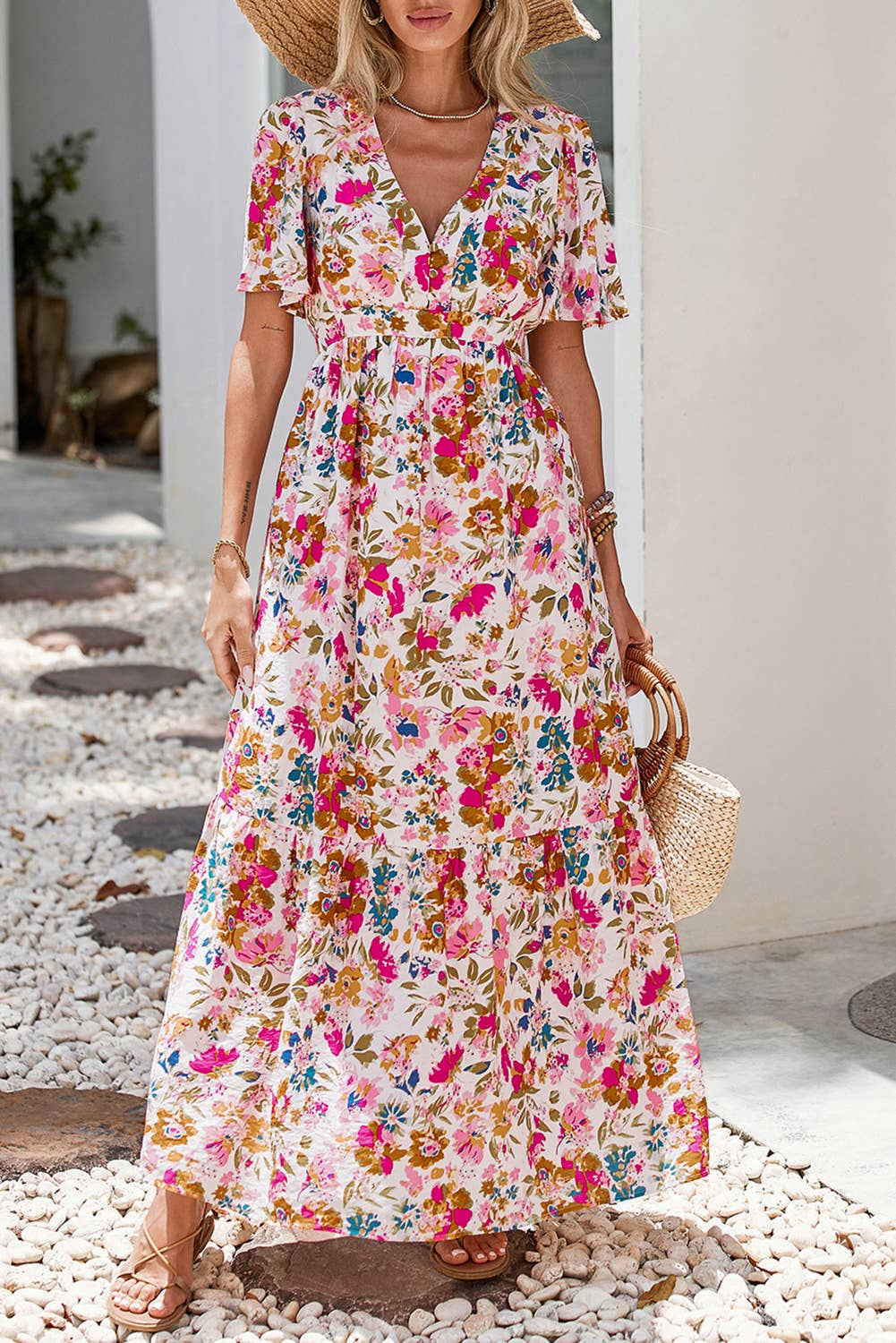 Floral V-Neck High Waist Maxi Dress