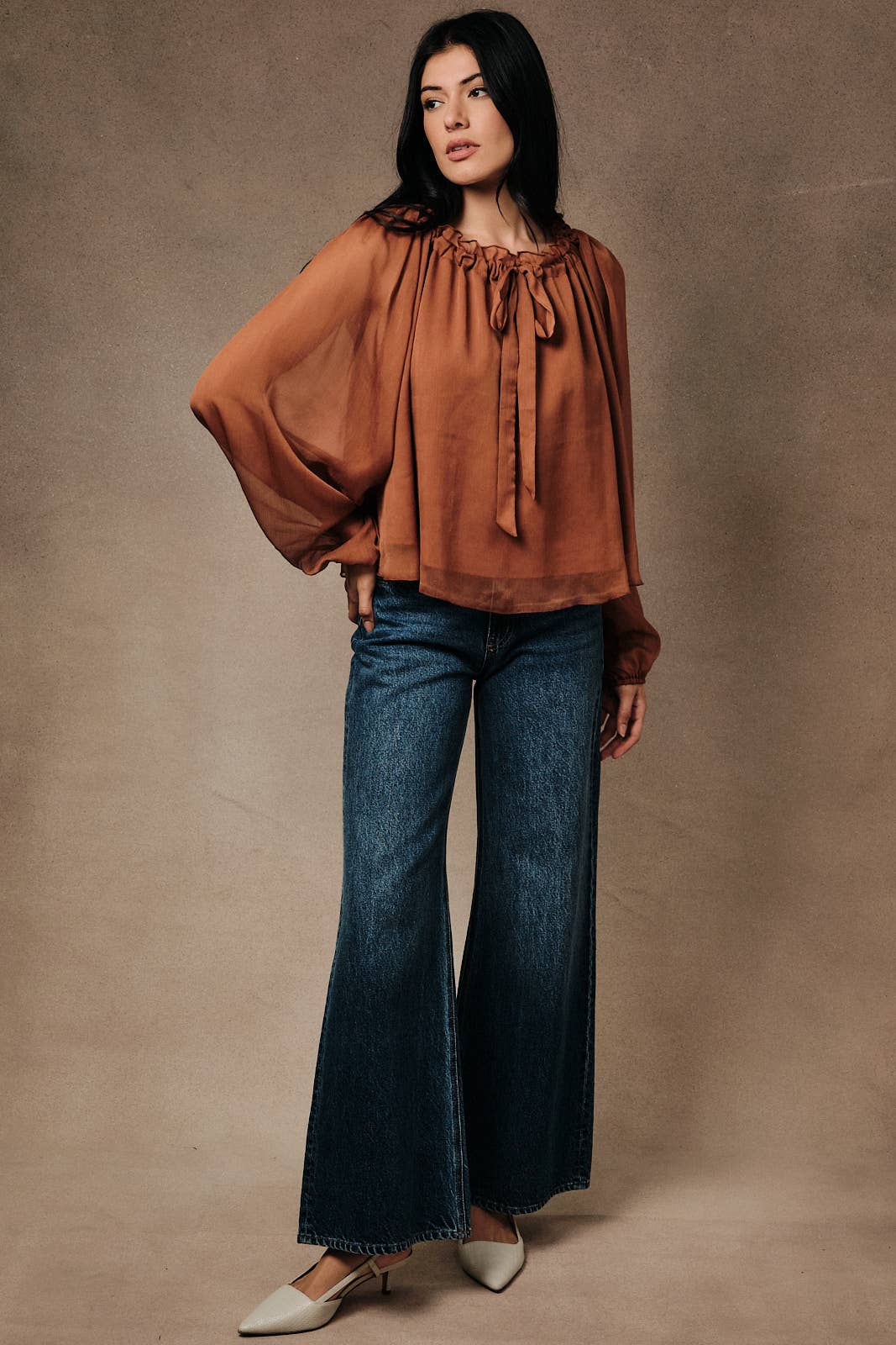 Ruffled Neck Front-Tie Crinkle Peasant Cami Blouse