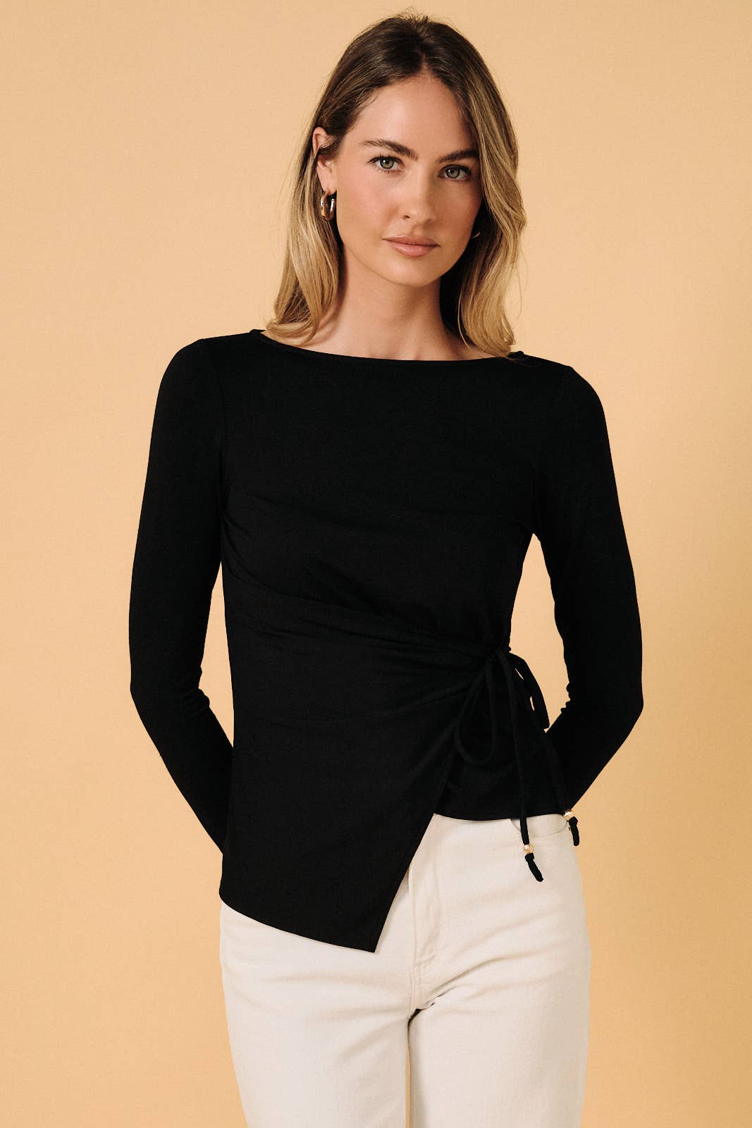 Boatneck Long Sleeve Asymmetric Pleats Side Tie Top