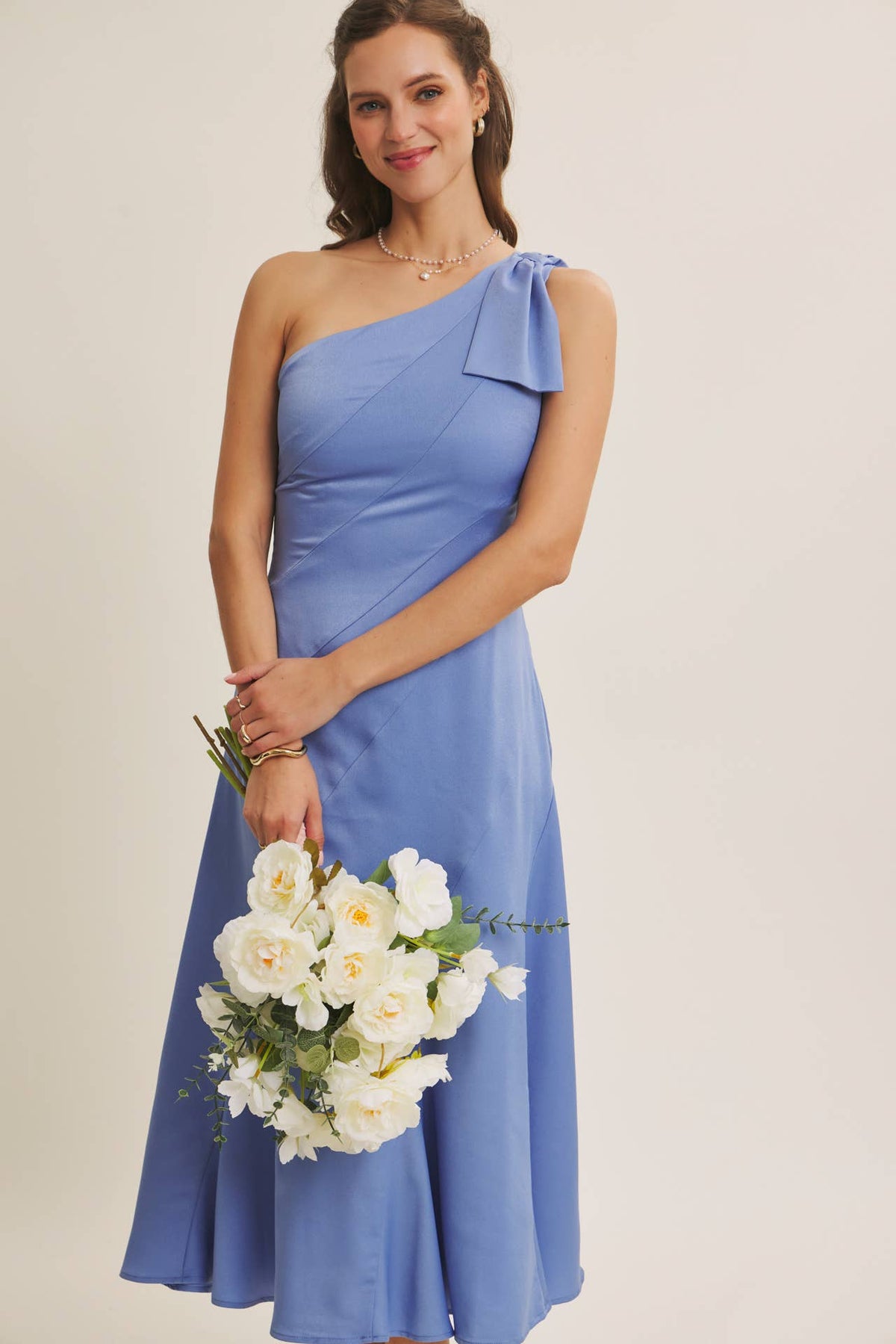 PARTY GLAM ONE-SHOULDER BOW MIDI DRESS W/ SCULPTING SEAM
