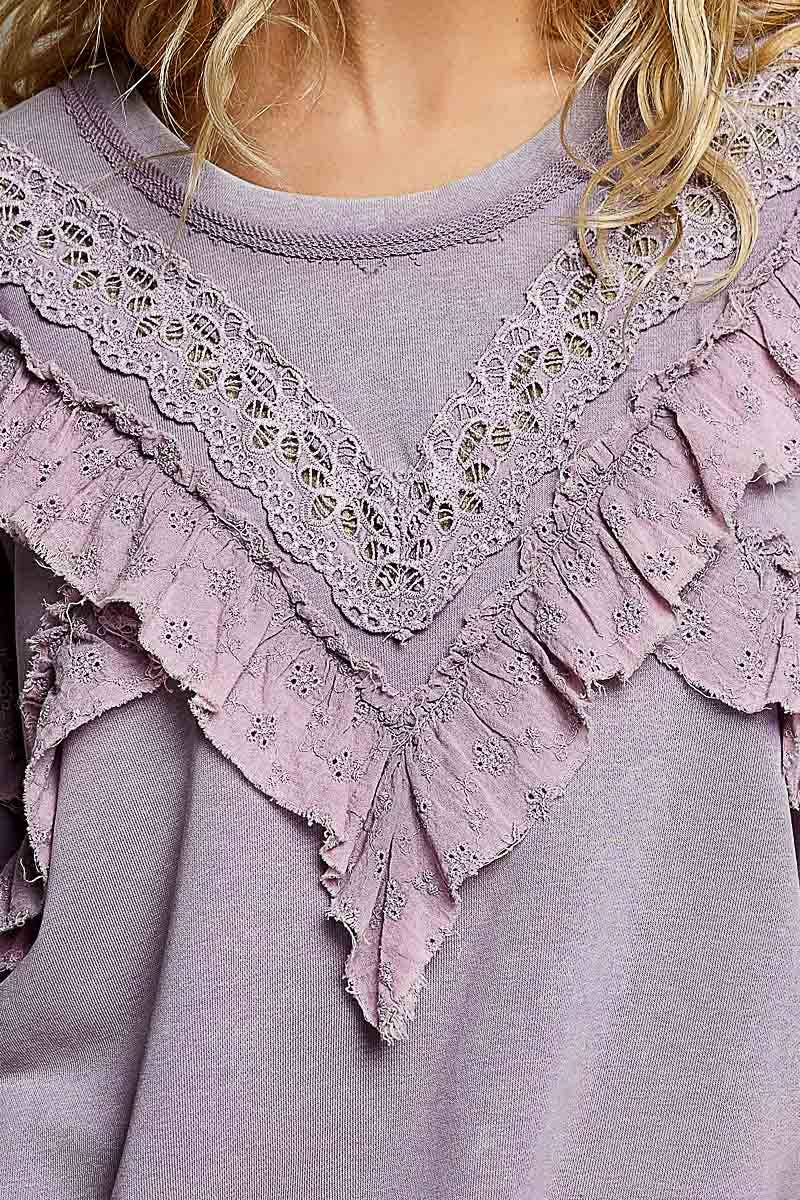 French Terry Eyelet Ruffle Vintage Washing Solid Knit Top