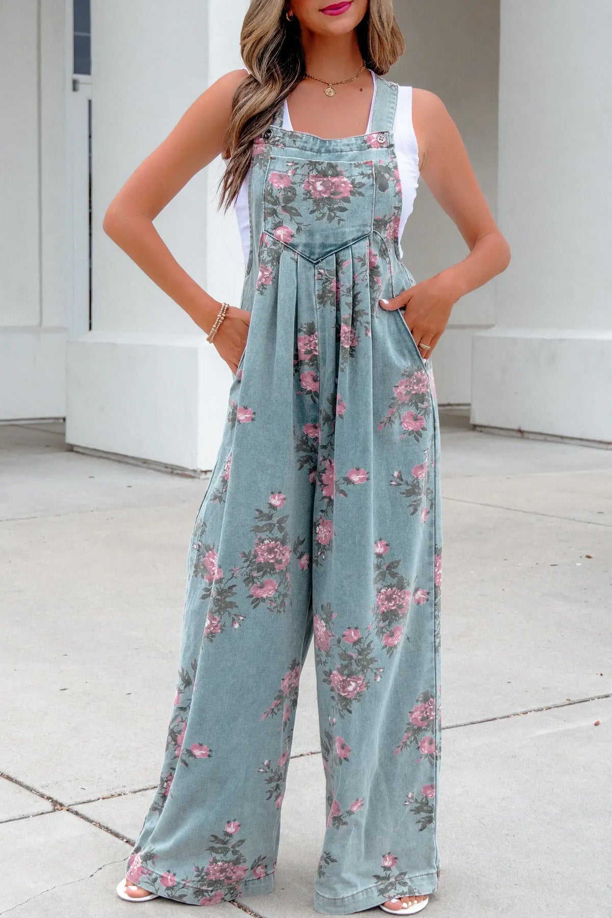 Floral Print Wide-Leg Denim Overalls