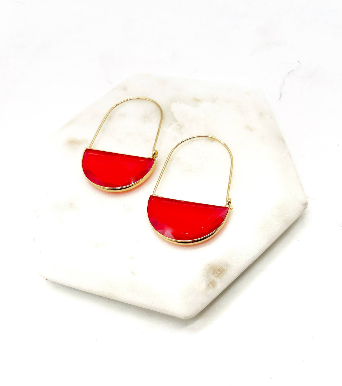Red Crimson Gold Gem Hoop Earrings